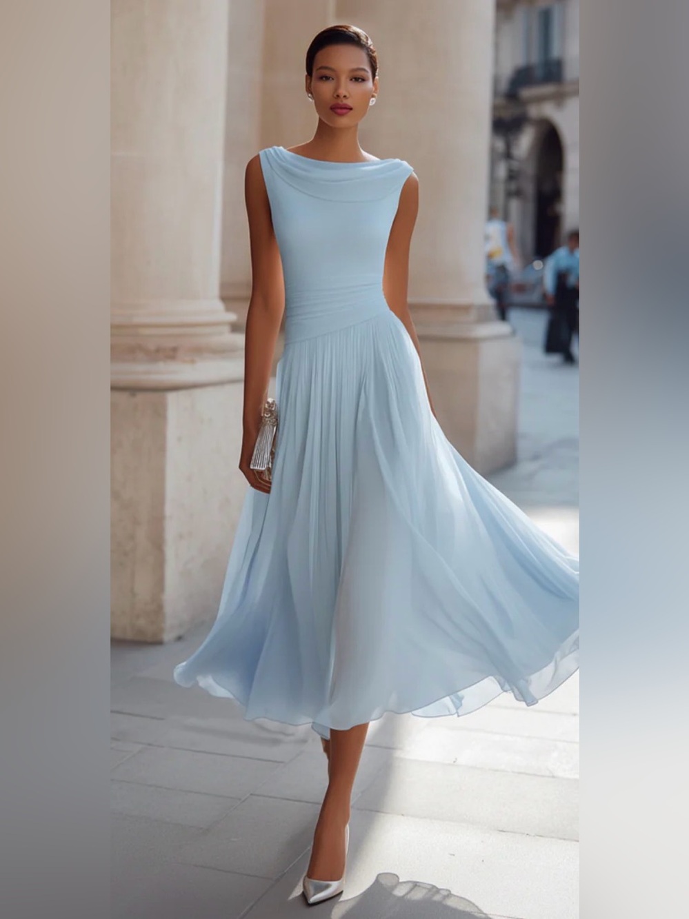 Elegant Light Blue Midi XS Dress with Draped Neckline Dropped Back Slvless NWT